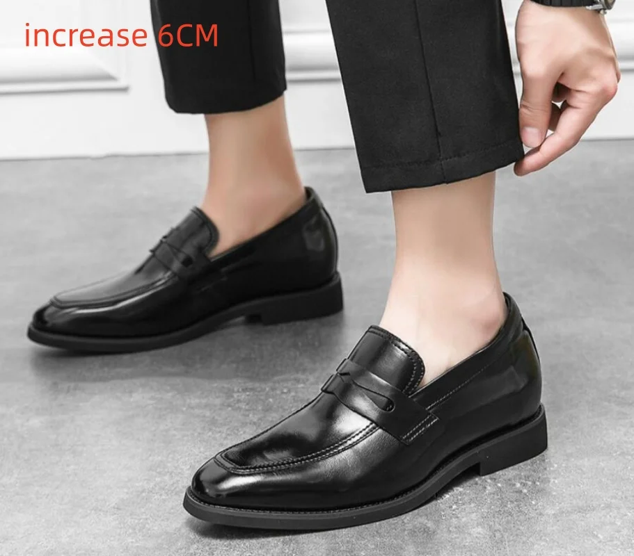 

2026 Men's Leather Slip-On Dress Shoes Luxury Elevator Loafers Comfortable Business Wedding Shoes Increased Height 6cm