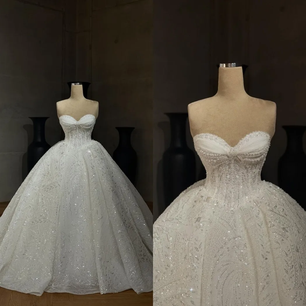 Sparkling Sequins Ball Gown Wedding Dress Strapless Sleeveless Bridal Gowns Crystals Sweep Train Customized Vestidos De Novia