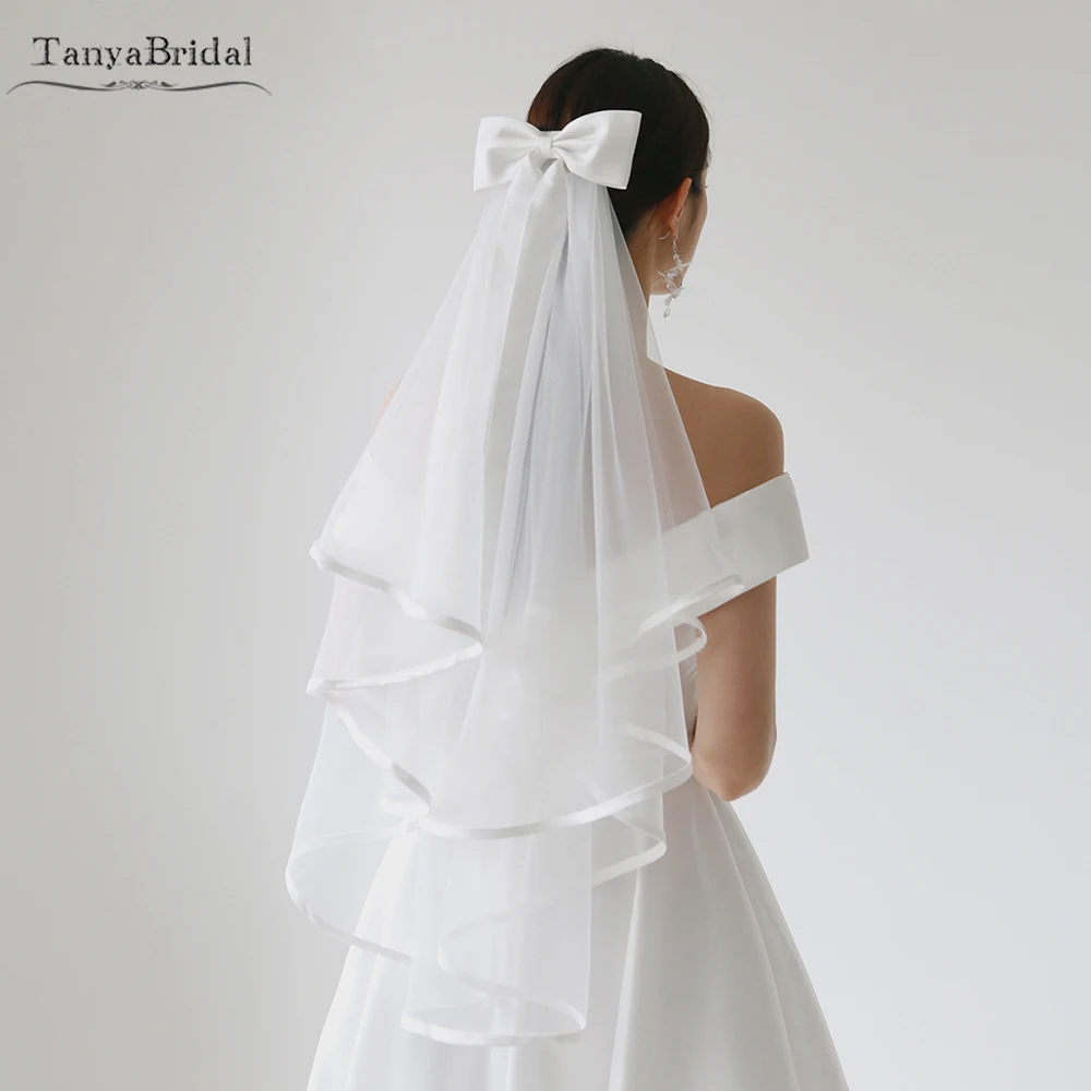 

Simple Tulle Wedding Veils Ribbon Edge And Little Satin Bow Bridal Headpiece With Comb DV040