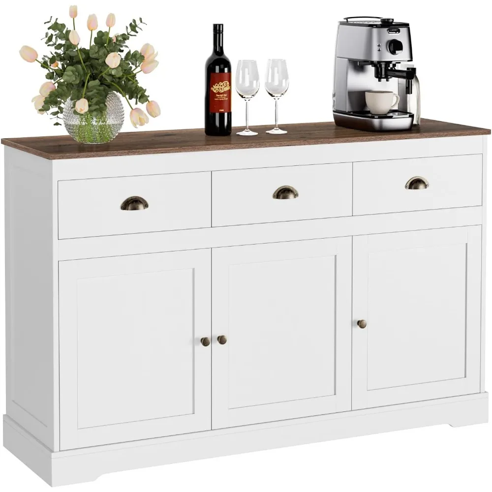 

White Buffet Cabinet Storage Sideboard Farmhouse Server Bar Wine Cabinet With 3 Drawers & 3 Doors Adjustable Shelves Console Ta