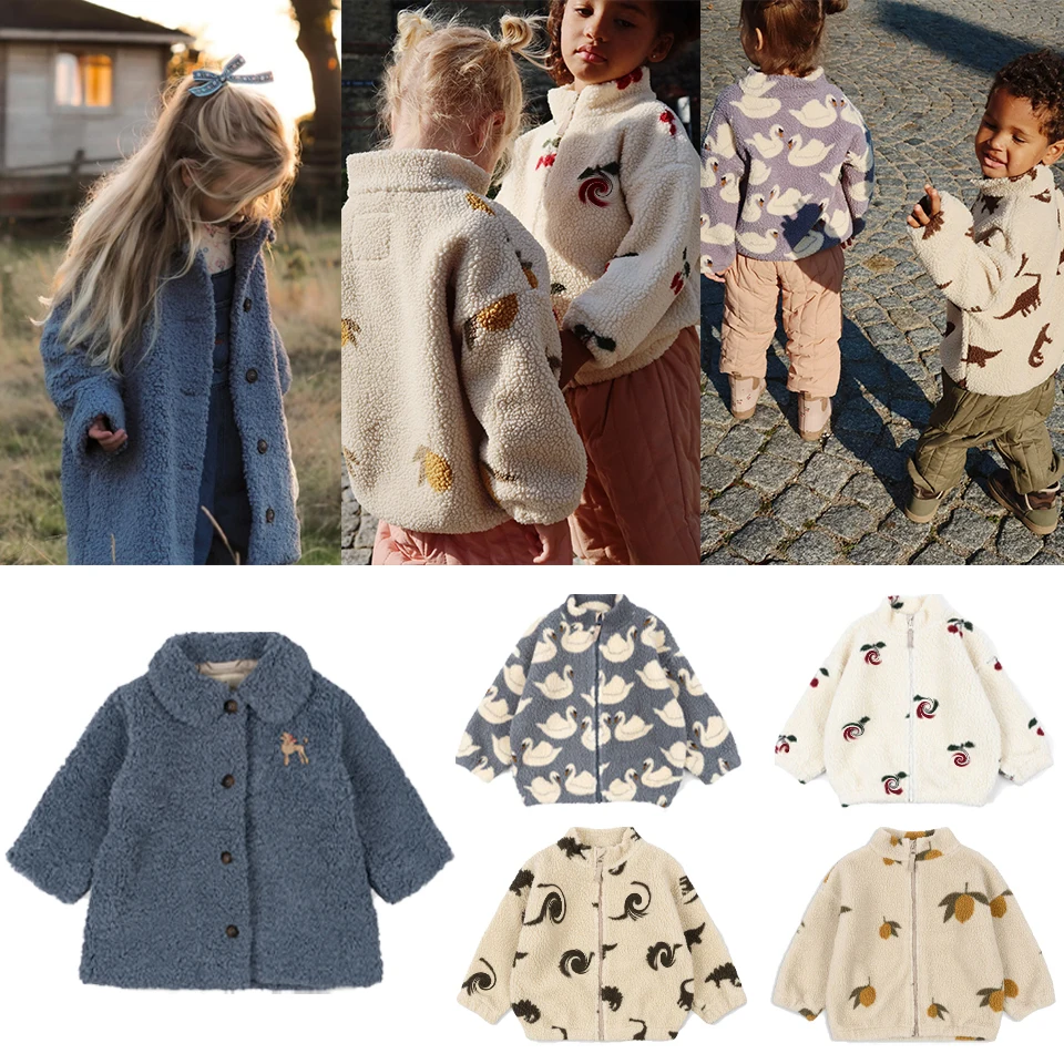 

2024 Winter KS Children Cotton Lamb Wool Outerwear Clothes Girls Embroidery Coats Baby Boys Plus Fleece Jackets Kids Clothing