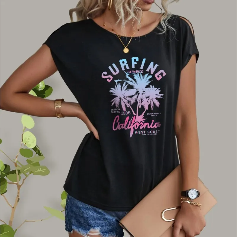 

Fashion Ladies Sexy Strapless Naked Back T-Shirt Hawaii Vacation Surfing Short Sleeve Split Shoulder T-Shirt y2k clothes