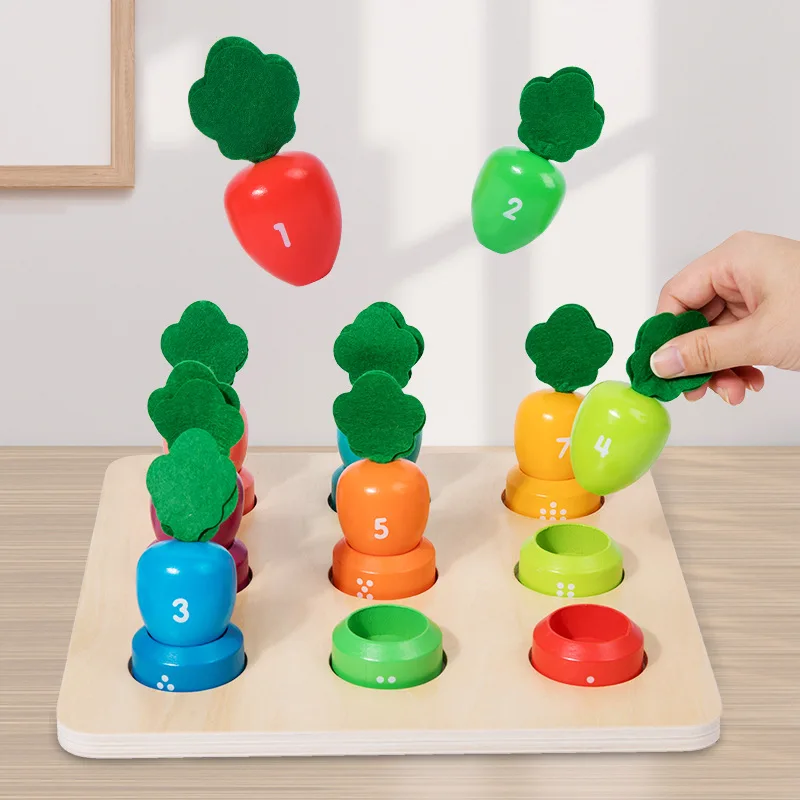 Montessori Wooden Pulling Radish Number Shape Color MatchingToys Pull Carrot Parent Child Interactive Educational Toys for Kids