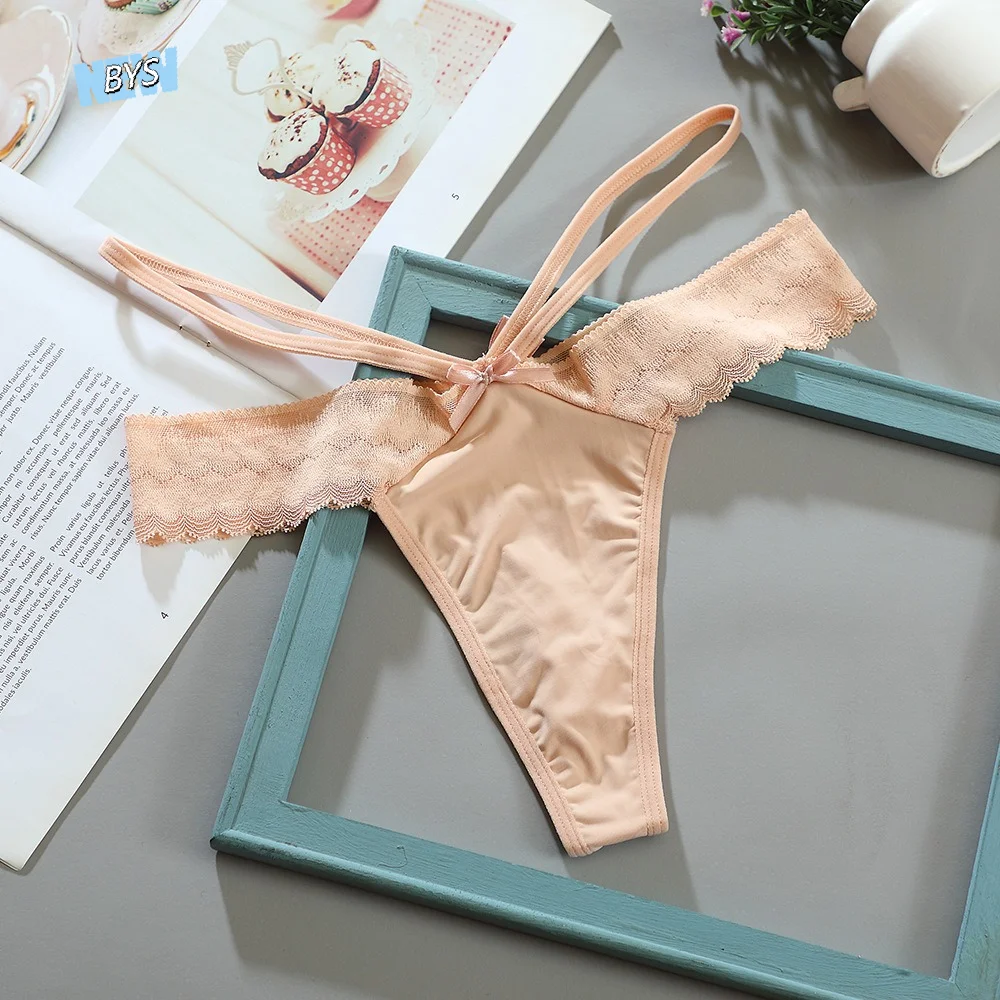 

Fashion Thong Lace Bikini Panties Transparent Ice Silk Underwear for Women Mesh Low Waist Lace Bow Briefs Lady