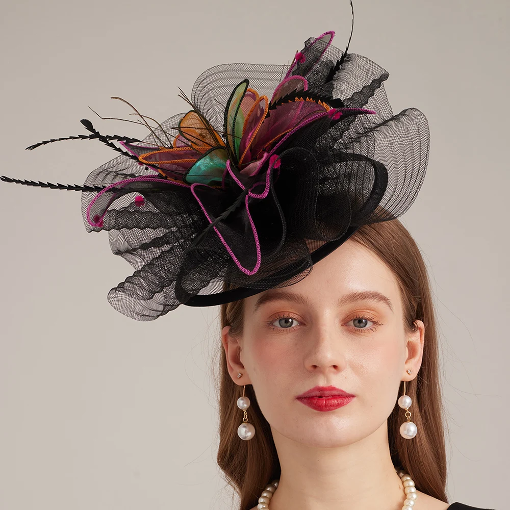 FS Black Purple Organza Fascinator Kentucky Derby Hat With Flower Feather Church Hats For Women Elegant Wedding Tea Party Cap