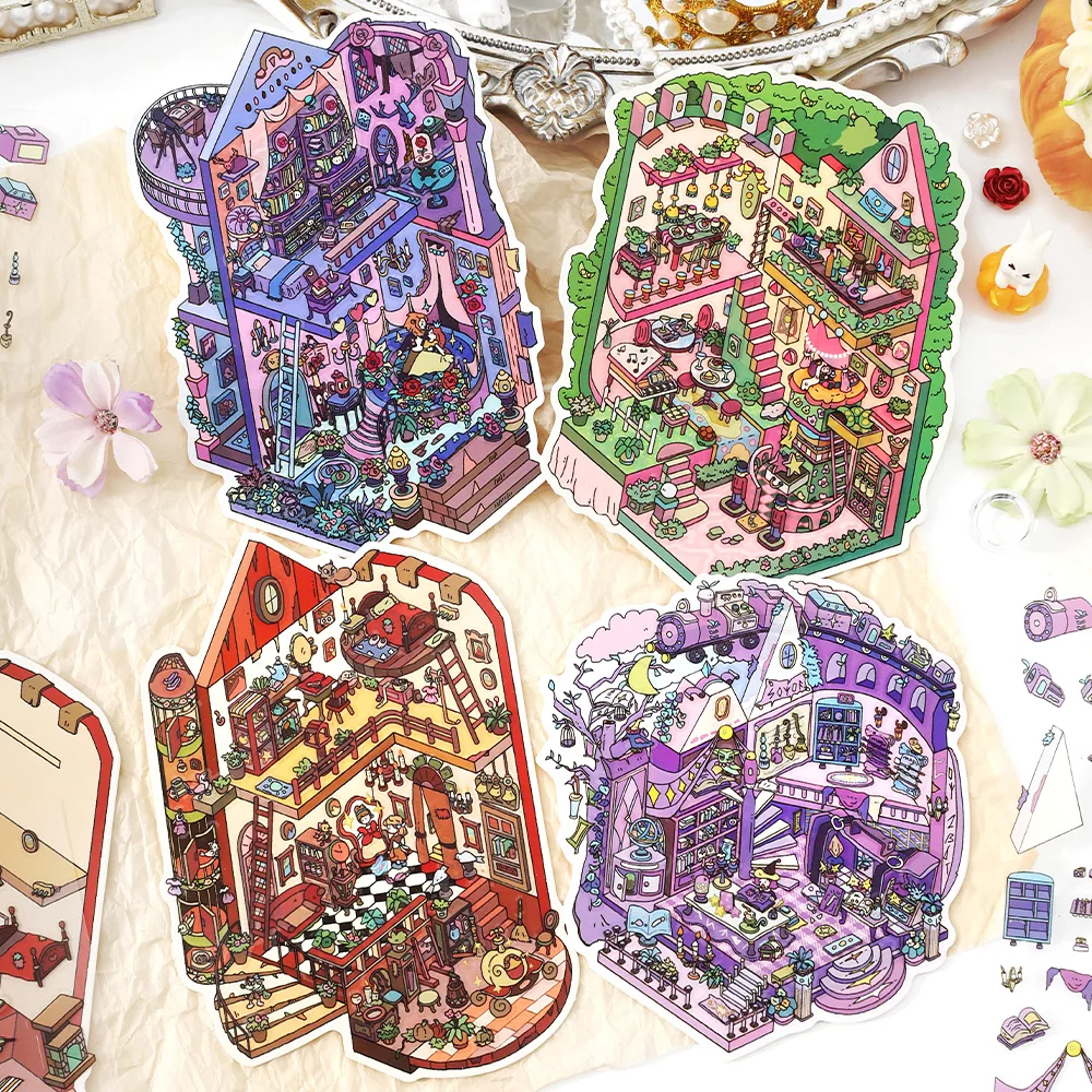 3 Blatt/Beutel Kawaii Magic Crystal Schuhe 2.5D Magic Cabin Landschaft Aufkleber DIY Pocket Cabin Scene Festival HolidayChildren Geschenke