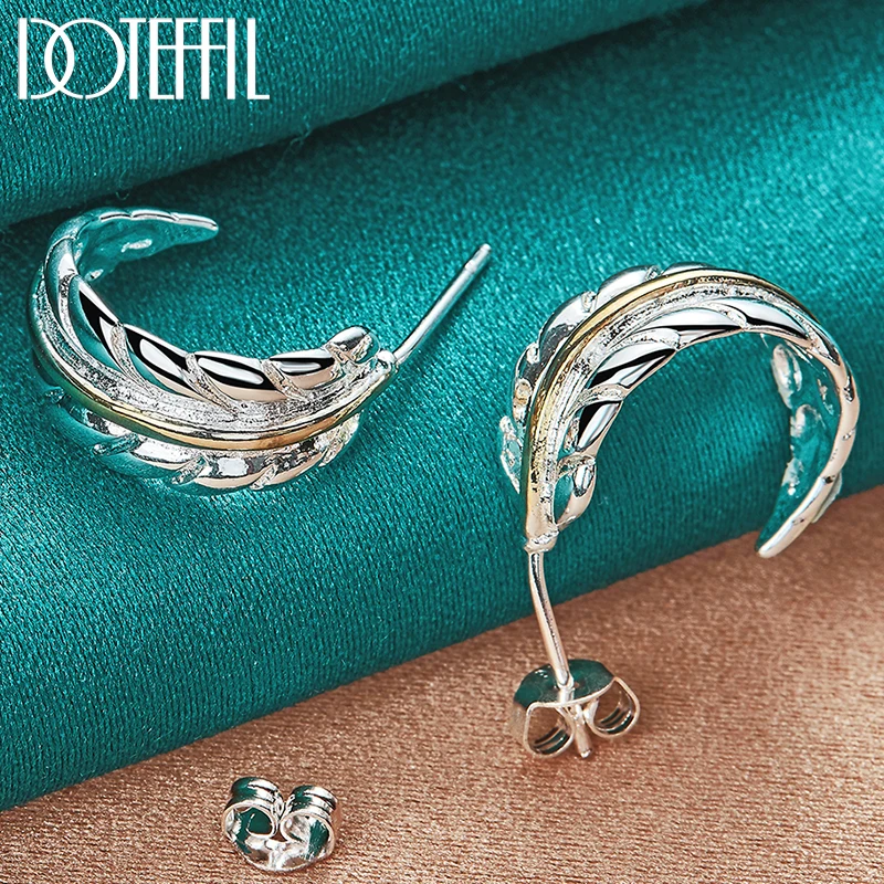 DOTEFFIL 925 Sterling Silver Gold Feather Kolczyki sztyfty dla kobiety Ślub Zaręczyny Fashion Party Charm Biżuteria