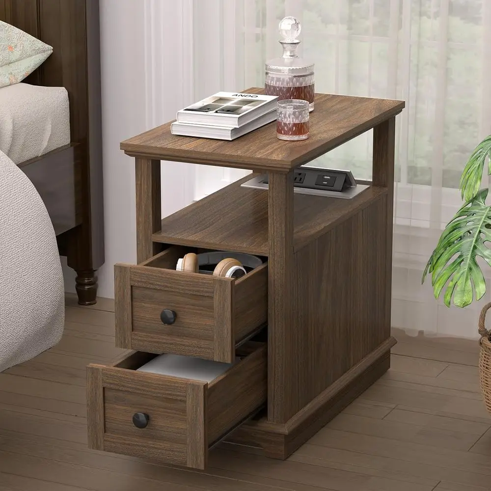 Narrow End Table with lip Top Charging Station and 2 Ders | Type-C & USB Port & Power outlets, Wooden Storage Cabinet, Side Tabl view 6