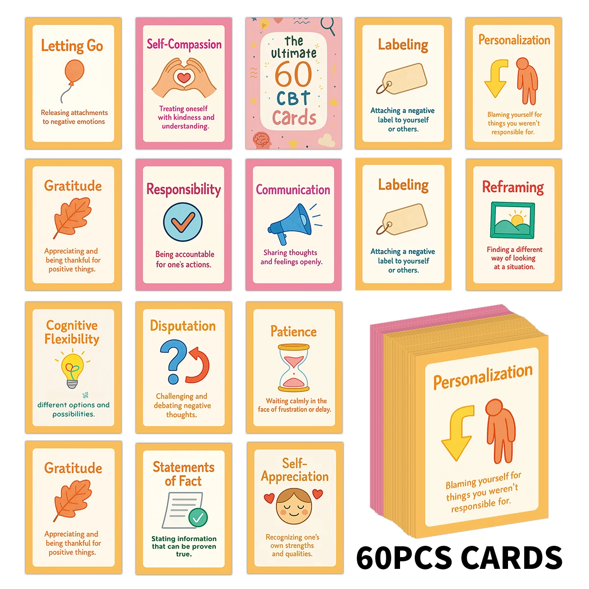 60 قطعة من بطاقات العلاج السلوكي المعرفي، بطاقة مهارات النسخ، للبالغين، مستشار للصحة العقلية، مطالبات علم النفس للانعكاس #1