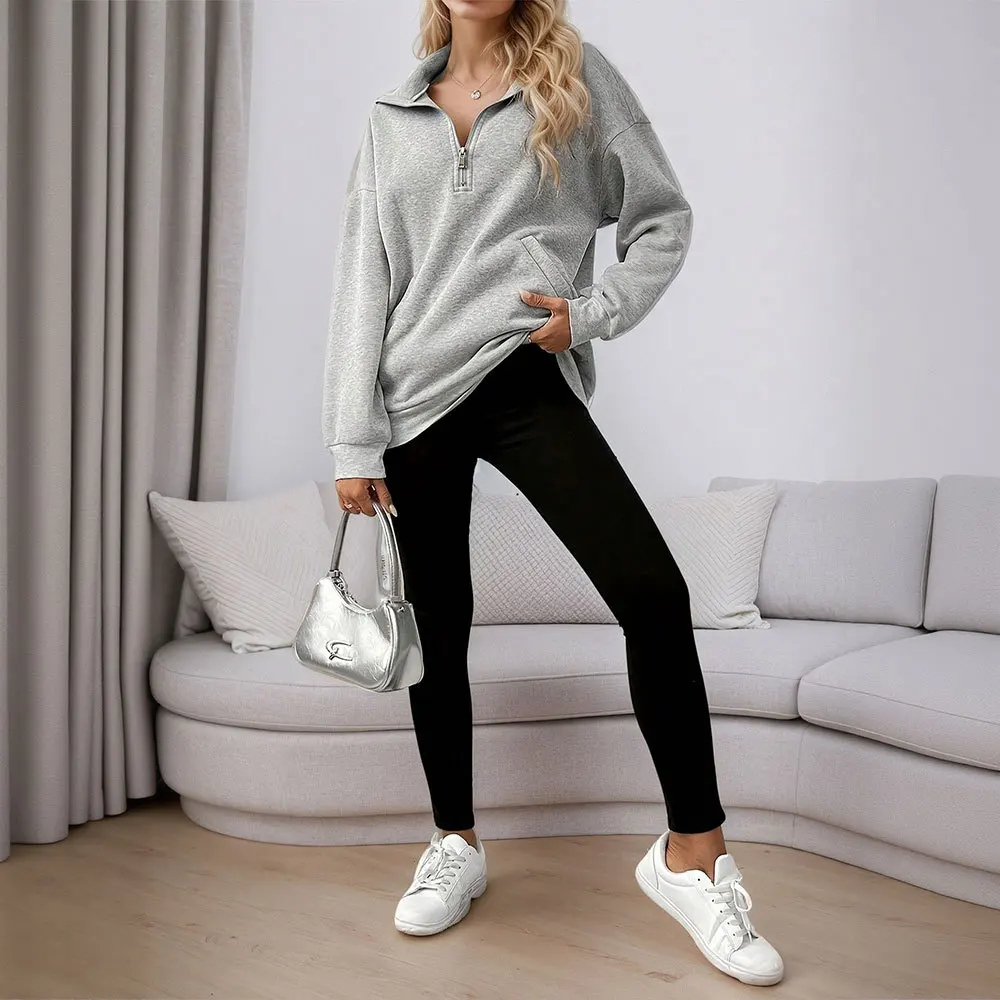 2025 feminino casual solto esportes cor sólida simples manga comprida gola alta bolso moletom