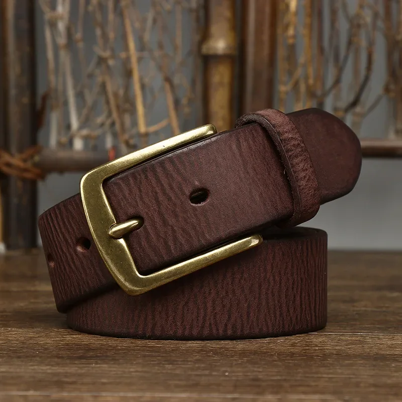 Retro Distressed Washed Leather Belt Pleated Pattern Brass Square Buckle Men's Genuine Leather Waist Belt 3.8CM