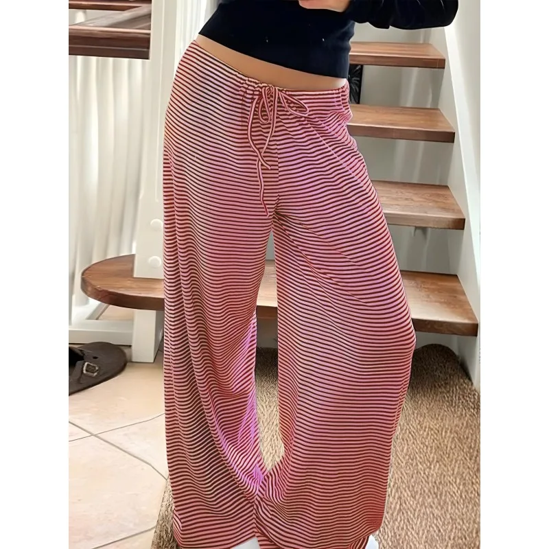 Plus Size 1XL-5XL Pantaloni casual a righe larghe da donna Pantaloni basic con coulisse a vita media Pantaloni a gamba larga Moda donna Streetwear