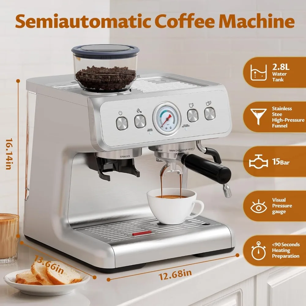 Cafeteira para Cappuccino e Latte, Leite Frother Steam Wand, Máquina de café de aquecimento rápido, 15 Bar