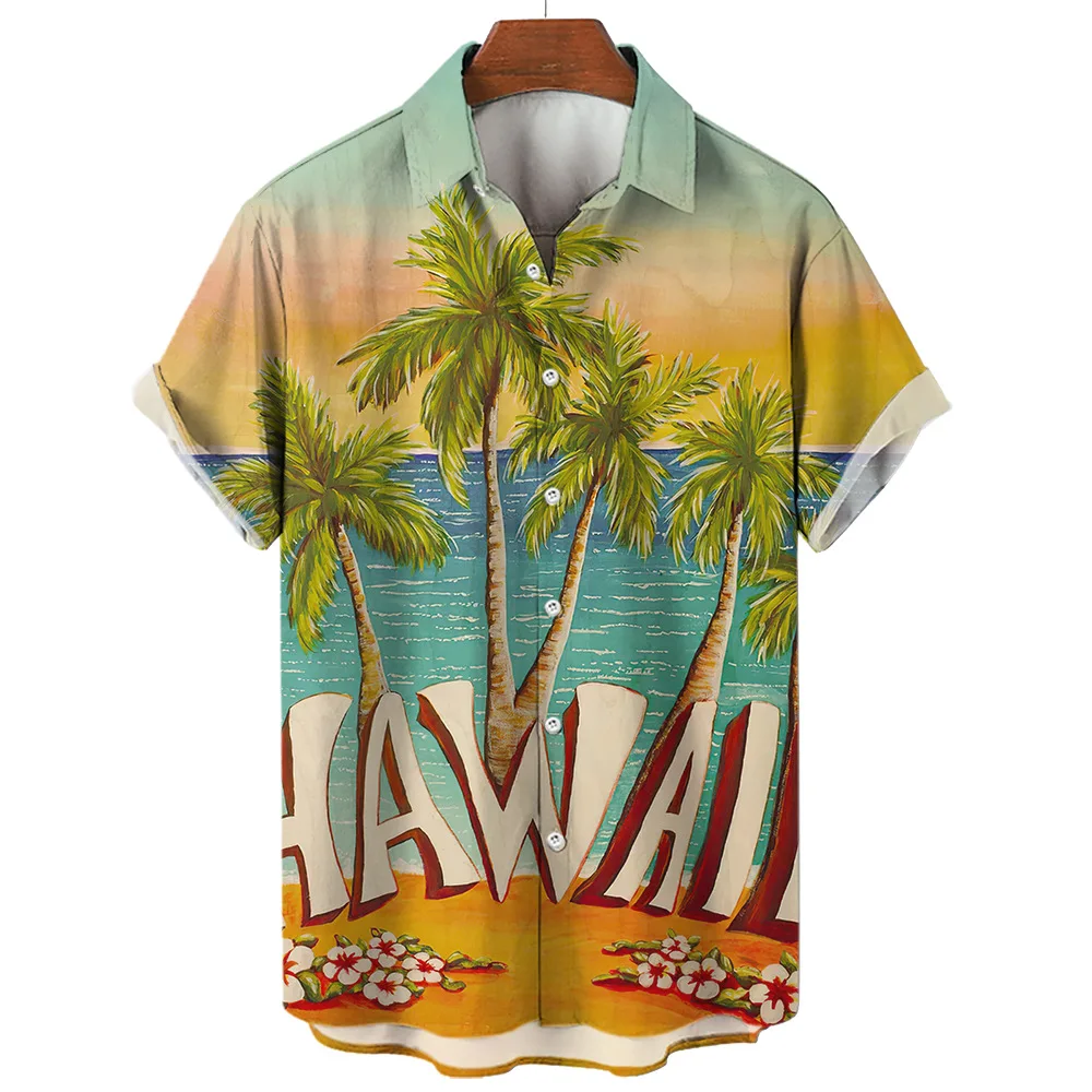 

Hawaiian Men's Shirts Beach Coconut tree print Short sleeved Lapel Camisa Casual Style Loose Top Holiday Vacation Men's Clothing