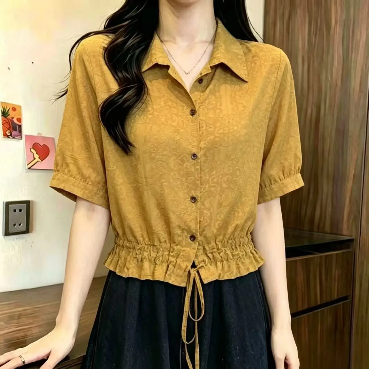 New Chinese Jacquard Shirt Women Coat Summer Lapel Short Sleeve Waist Drawstring Overwear Retro Hong Chiffon Outcoat