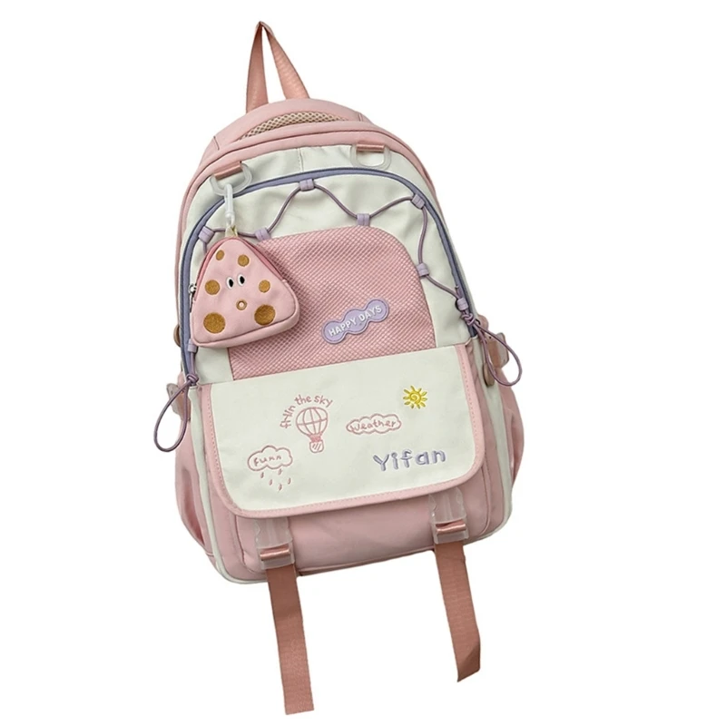 Large Capacity Nylon Backpack for Teens Girls School Travel Fashion Contrast Color Laptop Book Bag with Small Coin Purse