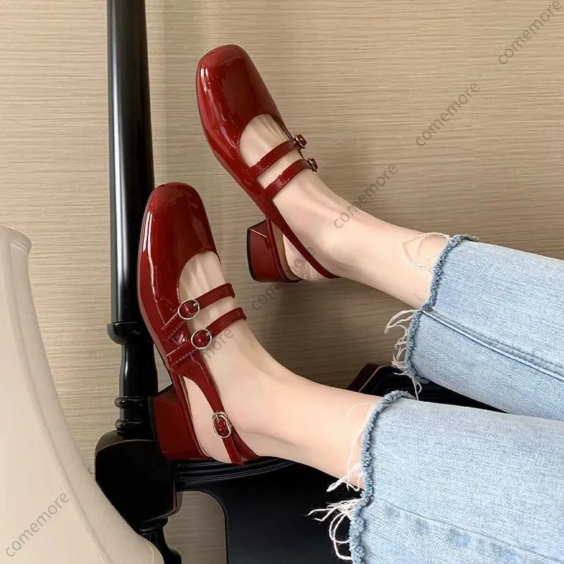 Women's French Vintage Double-Buckle Strap Backless Sandals Women Summer Platform Mary Jane Shoes Soft Leather Flat Heels