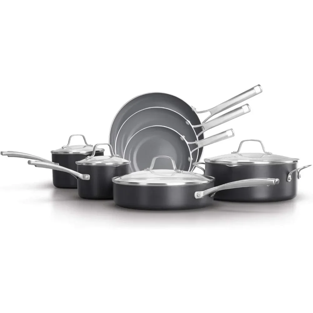 

11-Piece Pots and Pans Set, Oil-Infused Ceramic Cookware with Stay-Cool Handles, PTFE- and PFOA-Free, Dark Grey