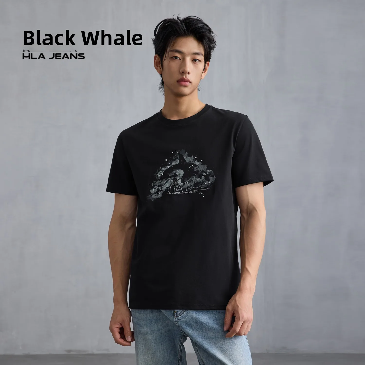 Hailan Home's Black Whale Pattern Short Sleeve T-Shirt Men's Summer New round Neck Casual Short T-shirt Youth Popular Cotton ...