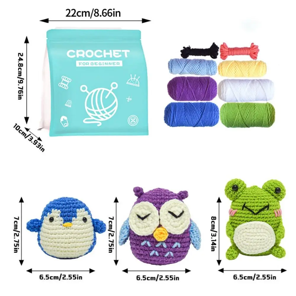 Iniciante Crochet Starter Kit, Crochet Kit Animal, Coruja artesanal, Pinguim com vídeo tutoriais, Crochet Crochet Knitting Kit, 3pcs