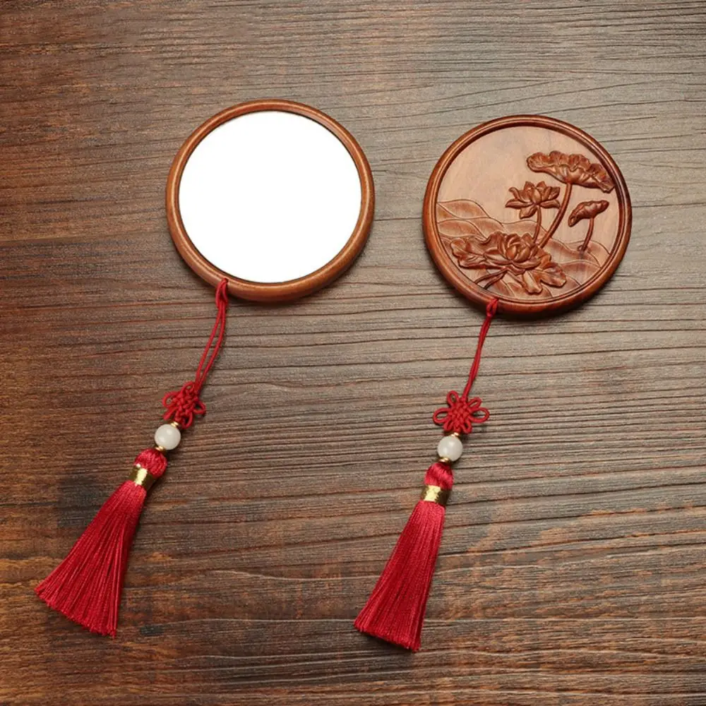 Classical with Tassels Makeup Mirror Sandalwood Mini Vanity Mirror Chinese Ancient Style Plum Blossom Cosmetic Mirror Girls