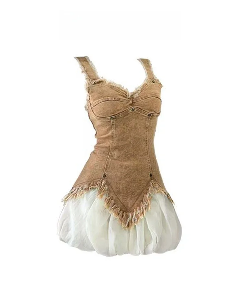 Spicy Girl Plissee Blütenknospenrock Damen Sommer Retro ausgefranstes Denim Tube Top Puffy Ort Rock Set Faionable Zweiteiler...