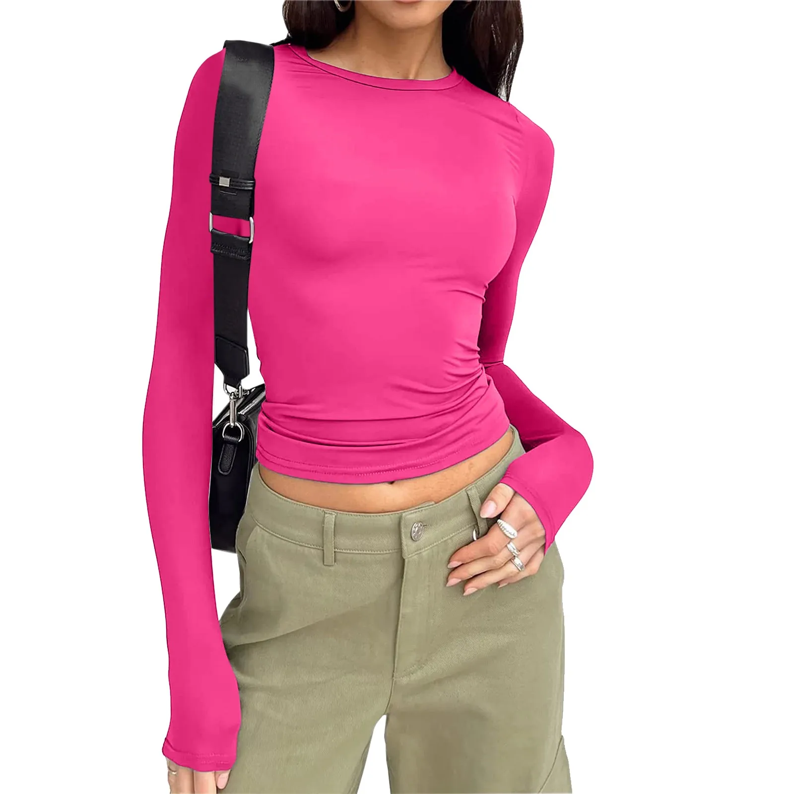 Hot-Pink T Shirt Women Spring Ladies Y2k Clothes Solid Slim Mesh Sexy Slim Fit Skinny Cropped Long Sleeve Tee Tops Ropa Mujer