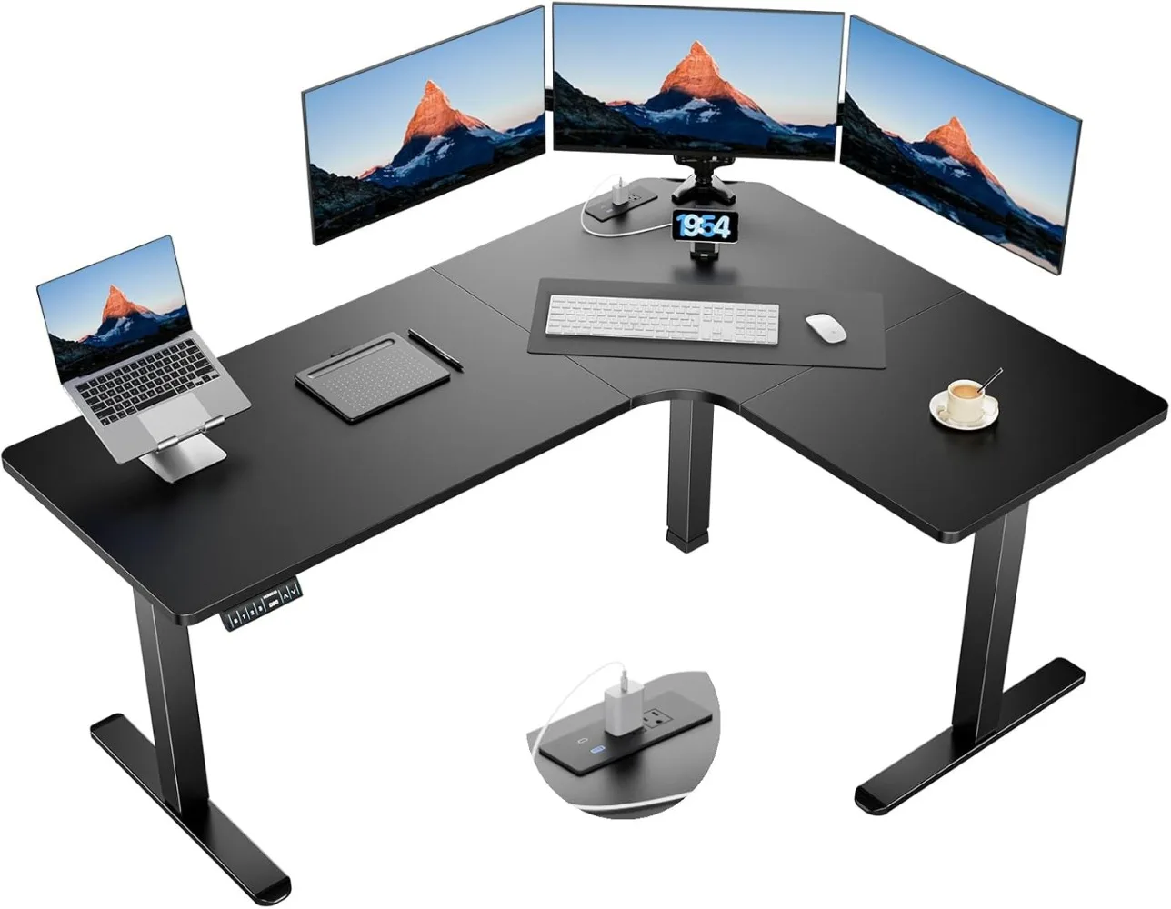 

HUANUO 63″ Dual Motor L-Shaped Standing Desk, Built-in Power Outlets, Electric Height Adjustable Corner Computer Desk, Large