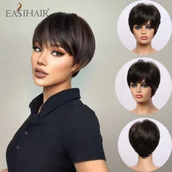 EASIHAIR Kurze Schwarze Gerade Braun Highlight Perücken Mit Pixie Cut Pony Hohe-temperatur Faser Synthetische Perücken Cosplay für Frauen