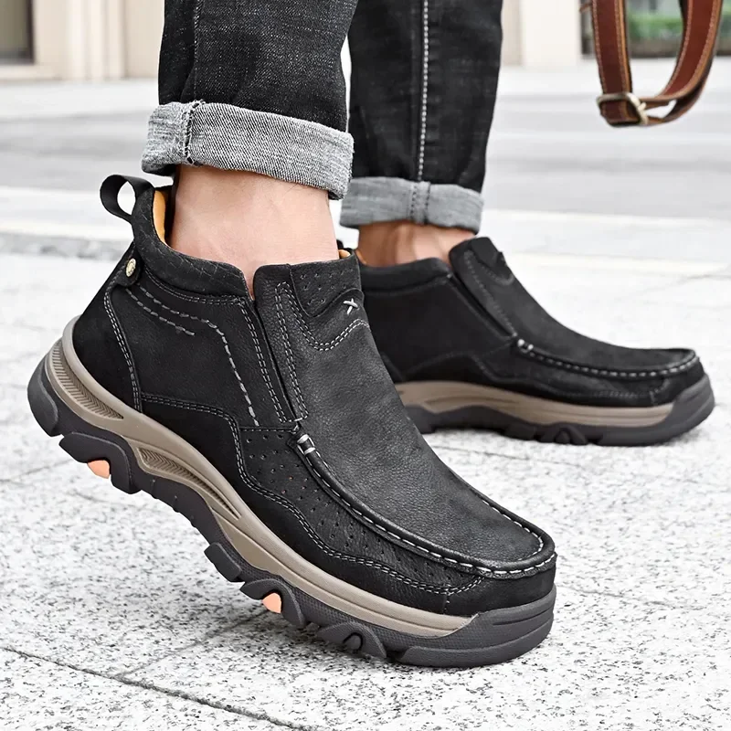 Bota de couro real masculina, sapato de couro casual, tamanho grande, na moda masculina, outono inverno