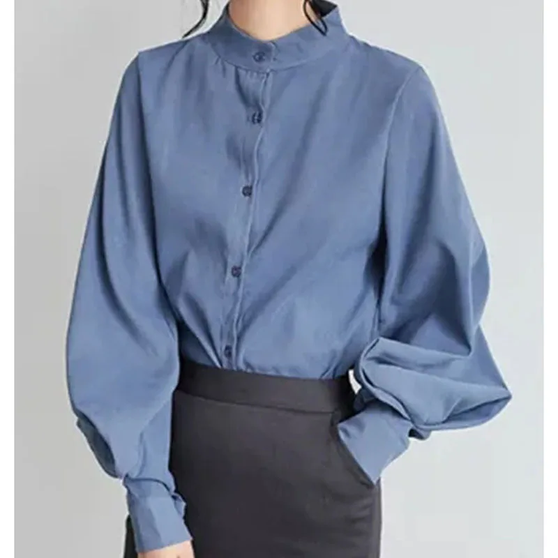 Women Solid Shirt Elegant Stand Collar Lantern Long Sleeve Female Blouse Summer Korean Fashion Office Button Ladies Tops