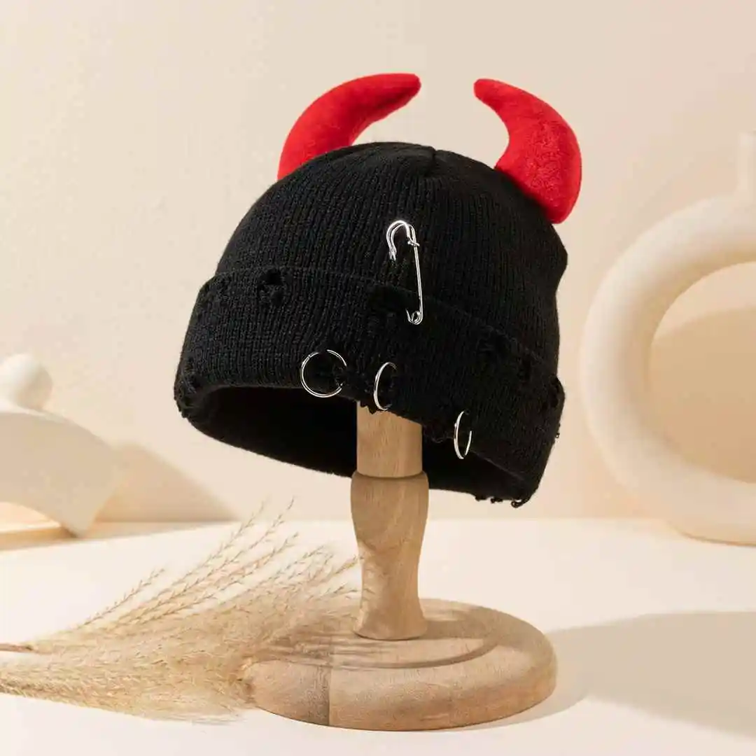 2pcs/1pc Little Devil Horn Iron Ring Pin Hole Knitted Hat Street Hip Hop Guapi Hat Beanies Halloween Autumn/Winter Warm