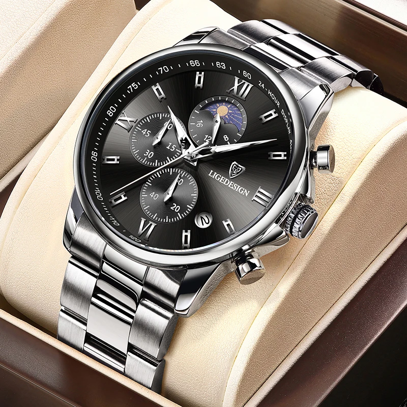 

LIGE оригинальные роскошные кварцевые часы, деловые модные повседневные часы с автоматической датой, 24 часа, водонепроницаемые часы с фазой Луны для мужчин, подарки Reloj Hombre