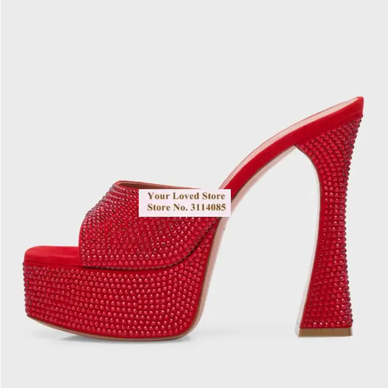 

Ярко-красные атласные современные тапочки без шнуровки на высоком каблуке с блестящими кристаллами и квадратным носком на платформе, блестящие туфли-лодочки со стразами