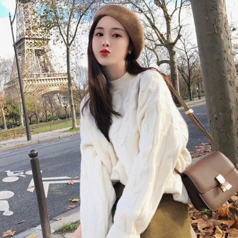 Fashion O-Neck Loose Solid Color Knitted Sweater Female Clothing 2023 Winter New Casual Pullovers Korean Tops