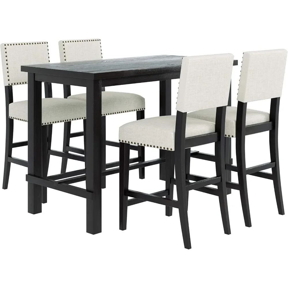 5-piece set kitchen counter height table set, equipped with a rectangular table and 4 cushioned chairs for 4 people