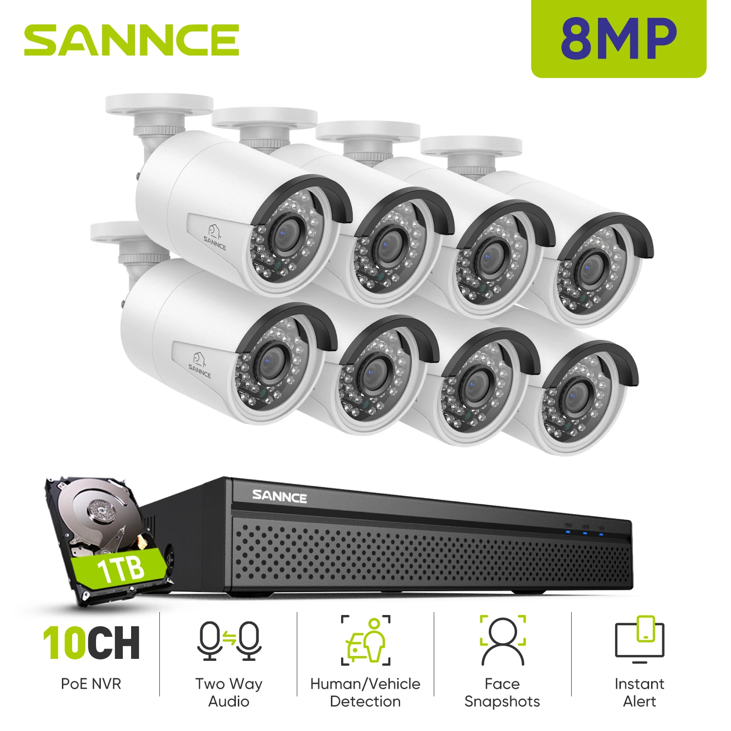 SANNCE 8MP Wired NVR POE Security Camera System Night Vision Two Way Voice Protection Camera Outdoor Surveillance Remote Monitor