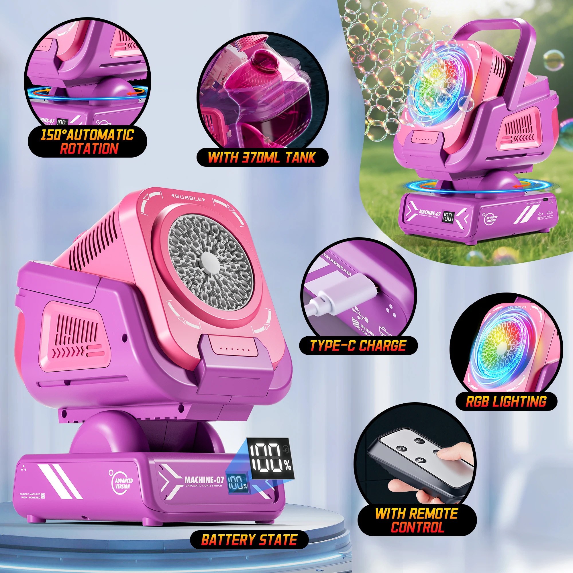 2025 Upgraded Bubble Machine with Remote Control, Automatic Rotation & Rgb Lights, 1800Mah Rechargeable Battery, Type-C Charge