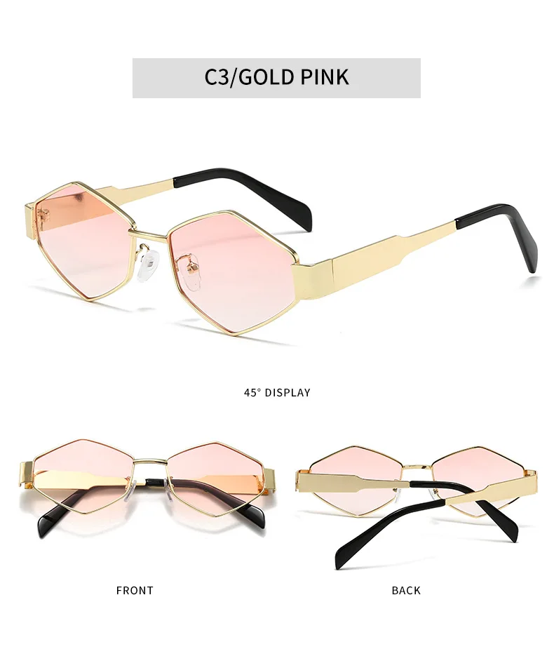 Polygonale Luxus Sonnenbrille Frauen Marke Mode Raute Sonnenbrille Frau 2024 Retro Vintage Metall Diamant Shades Brillen – Detail 11