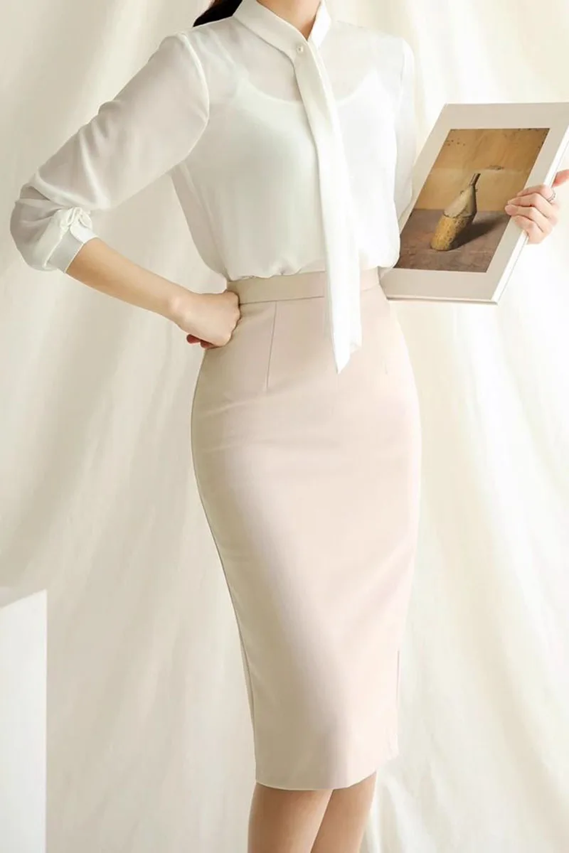 Elegante Hohe Taille Büro Dame Bleistift Rock Koreanische Mode Slim Fit Paket Hüfte Midi Röcke Frauen Einfarbig Alle-spiel Röcke – Detail 7