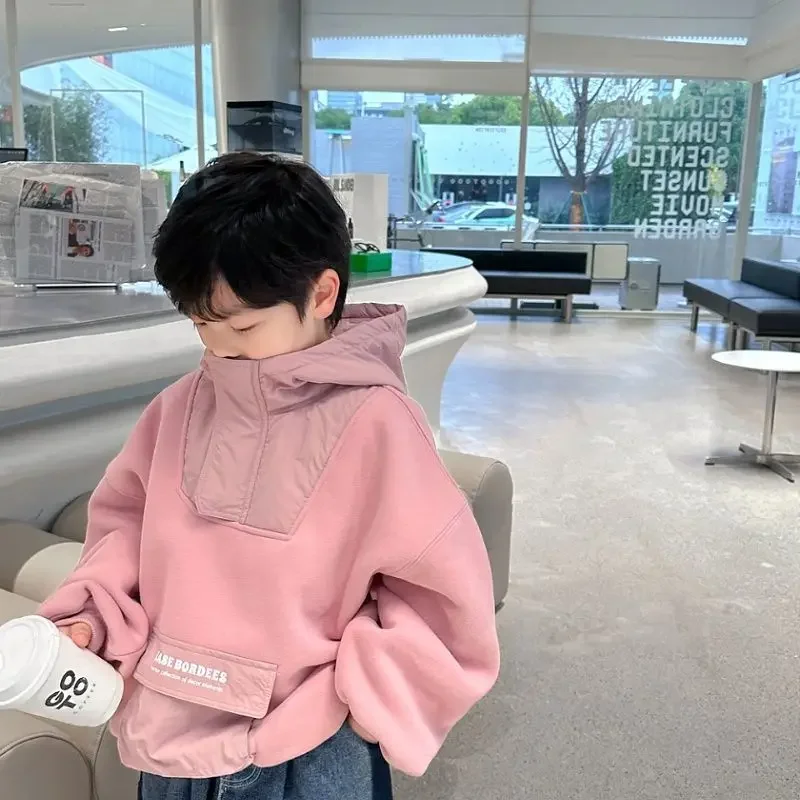 

Pink Children's Korean Spring Autumn Winter New Loose Fit Casual Hooded Patchwork Boy Girls Baby Fleece Sweatshirt Pullover Coat