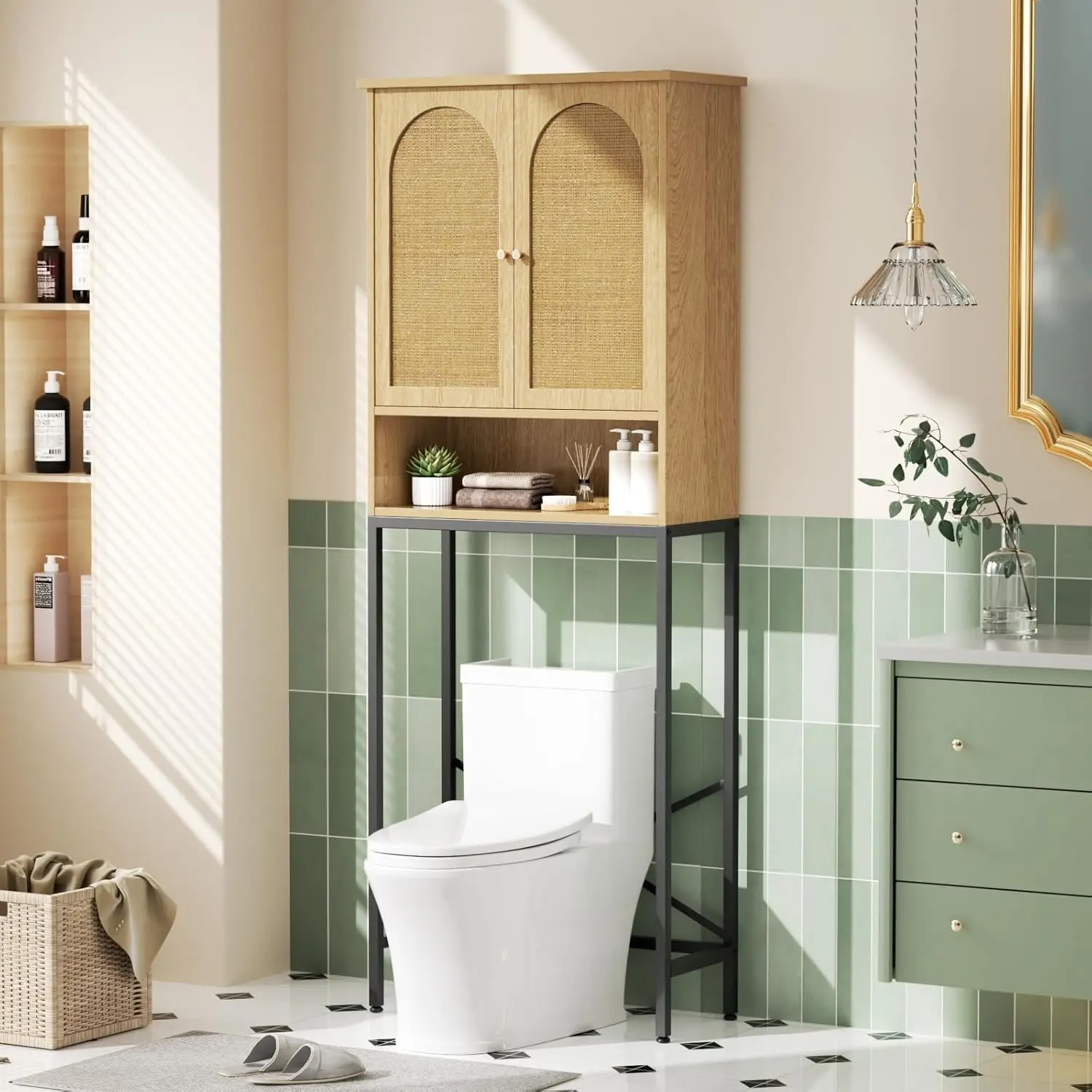 

Rattan Toilet Storage Cabinet,Over the Rack Wood Cabinet with Metal Stand,Bathroom Organizer with Adjustable Shelf,Natural style