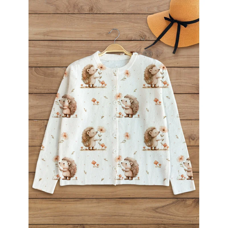 

Hedgehog Digital Print Women's Knit Cardigan Thick & Loose-Fit Crew Neck Long Sleeve Autumn/Winter Casual Style