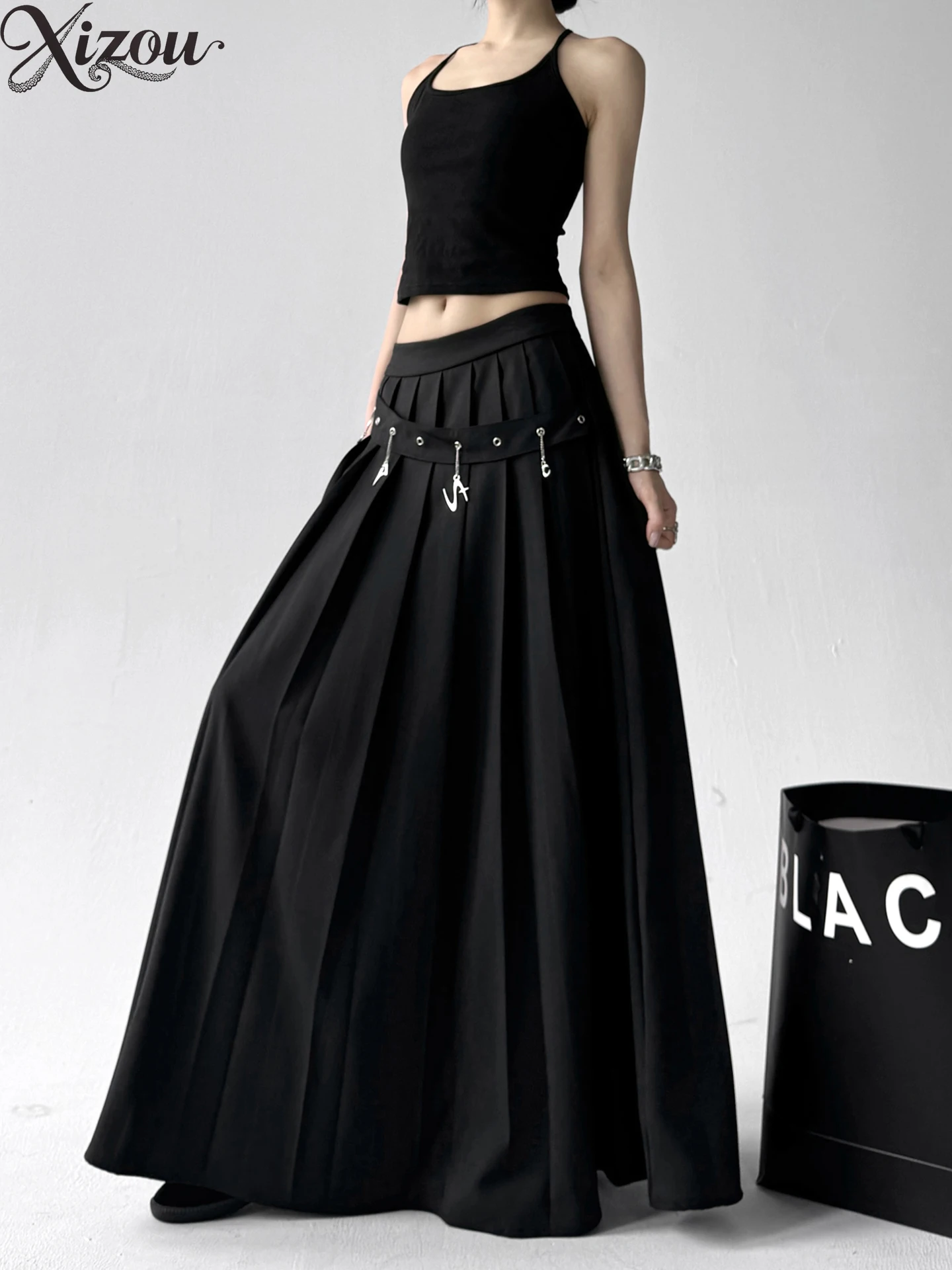 

2025 Summer Black Skirt High Waist A-Line Gothic Vintage Y2K Long Skirts Harajuku Streetwear Layered Ruched Plus Size Ice Silk