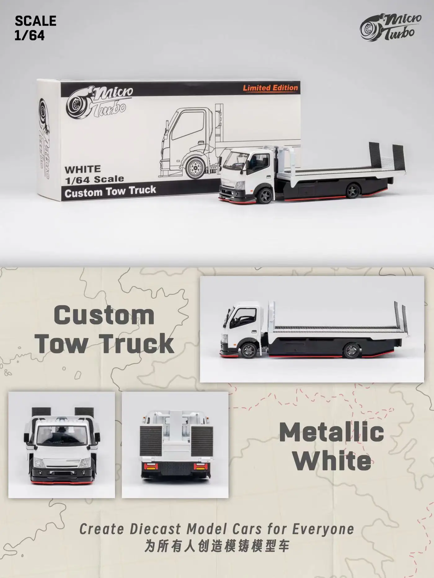 

MicroTurbo MT 1:64 Custom Tow Truck trailer White Diecast Model Car