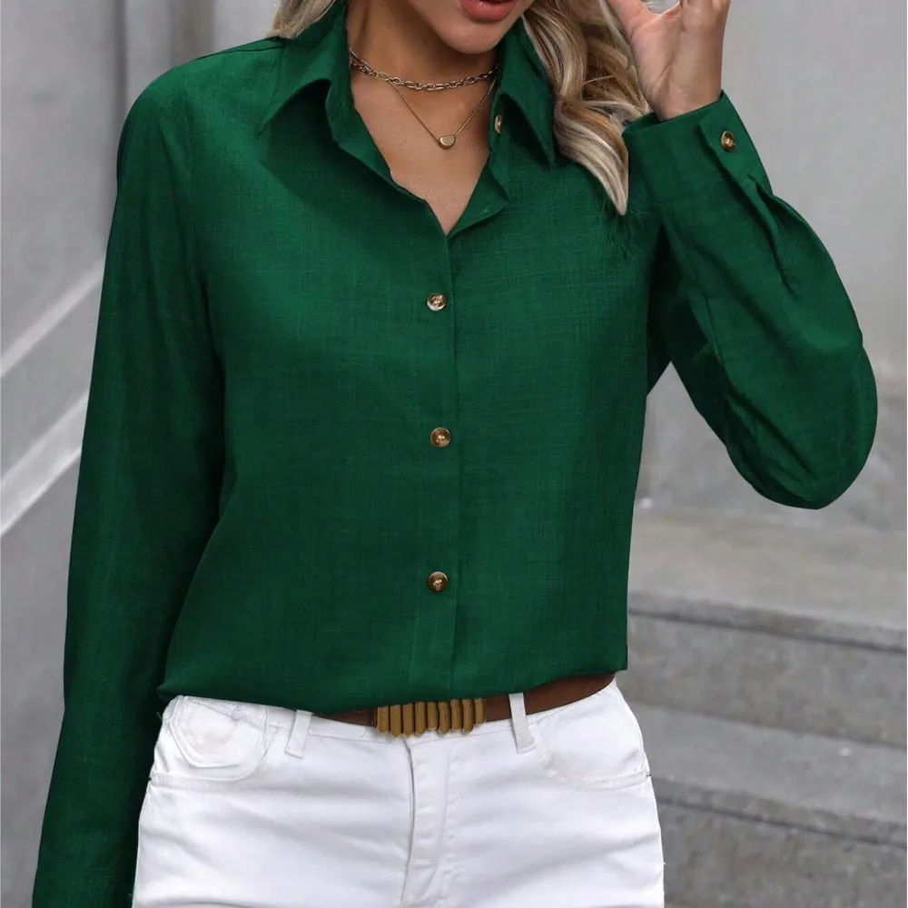 Elegant Contrasting Long Sleeved Cardigan Blouses 2024 New Casual Single Breasted Solid Color Long Sleeved Lapel Shirt For Women