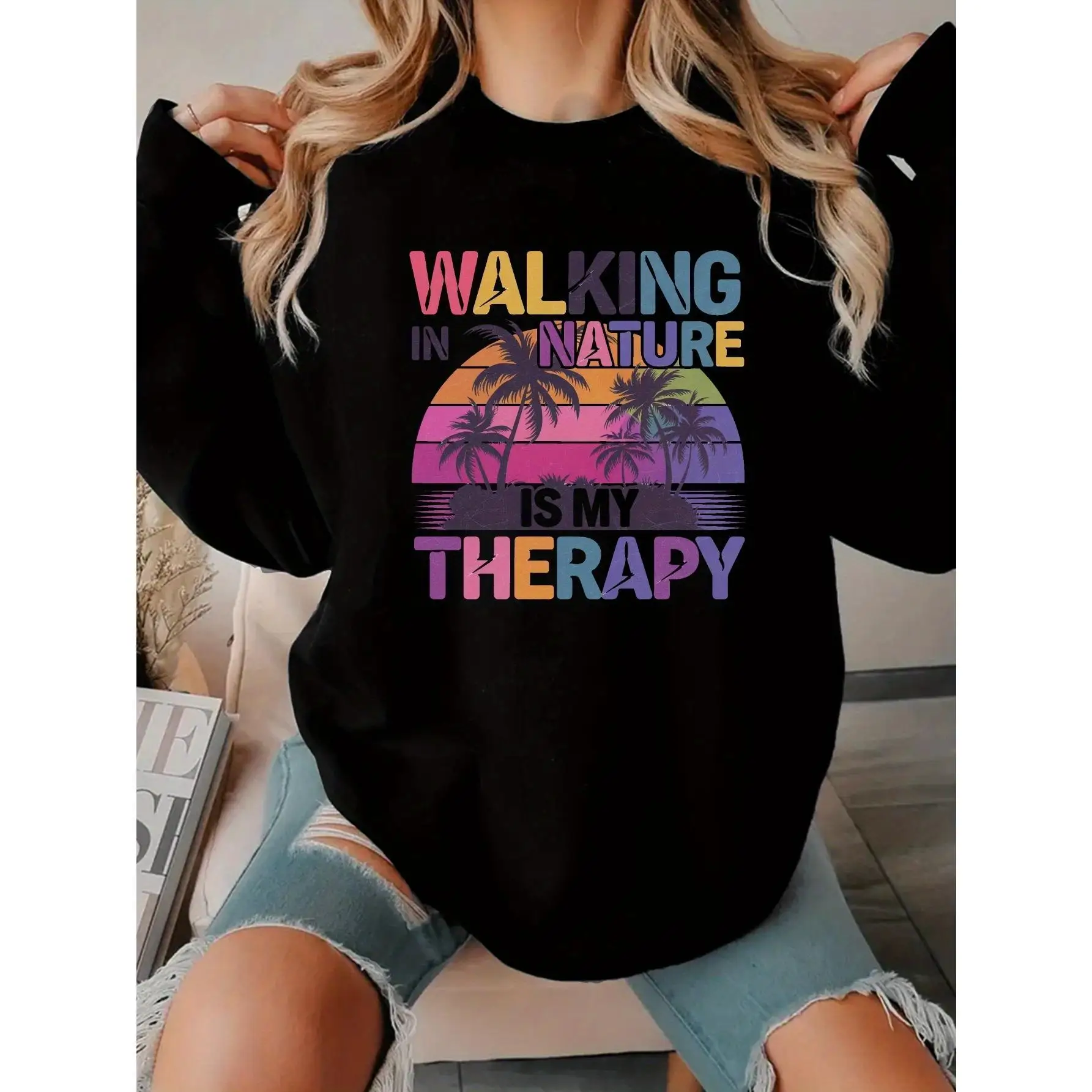

"Walking In Nature Is My Therapy" Sweatshirt Unisex Outdoor Graphic Pullover Retro Nature Lover Gift Cotton Top
