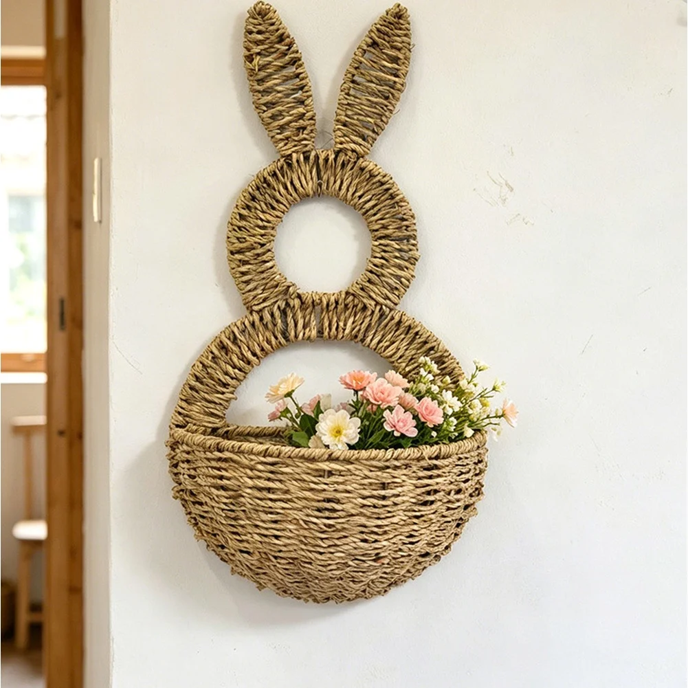 Rabbit Silhouette Wall Mounted Flower Pot Basket for Indoor Outdoor Use Bohemian Rustic Decor with Natural Texture