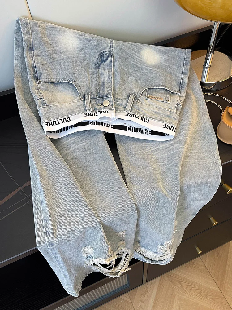 

Потертые джинсы в американском стиле в стиле ретро, осенние новые светло-голубые рваные джинсовые брюки, модные свободные прямые брюки с высокой талией