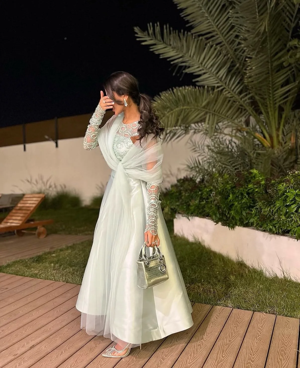 Oisslec Customized Green Round Neck Long Sleeve Beaded Satin Party A‑Line Evening Gown Open‑Back Floor‑Length Formal Prom Dress